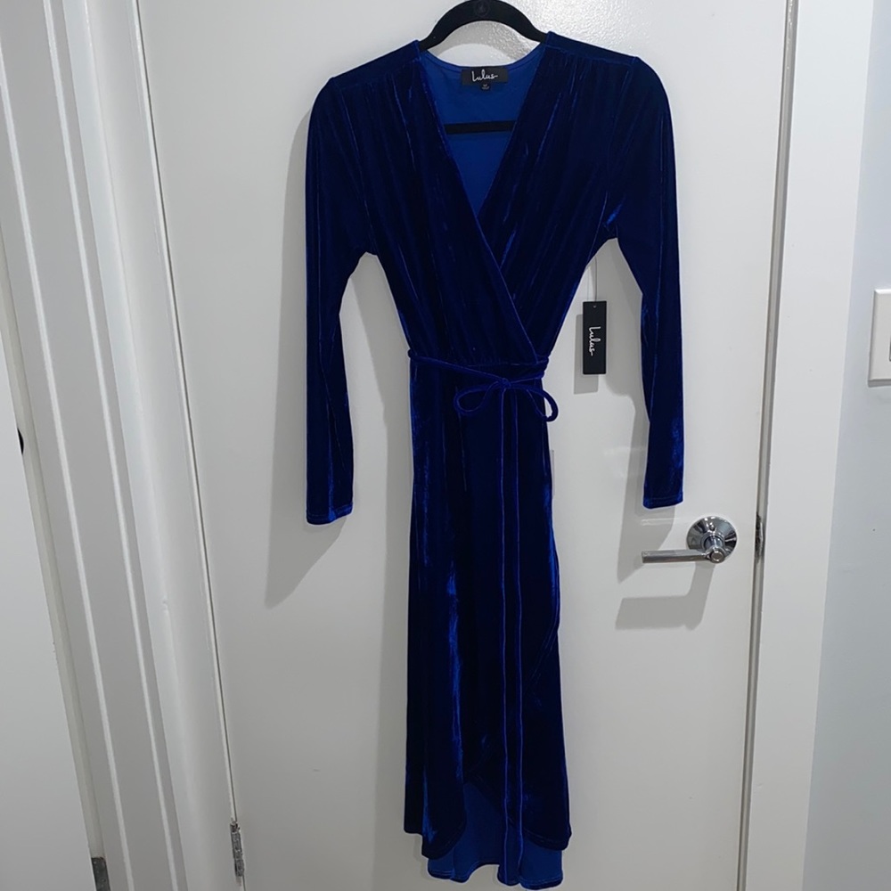 Blue velvet MIDI wrap dress